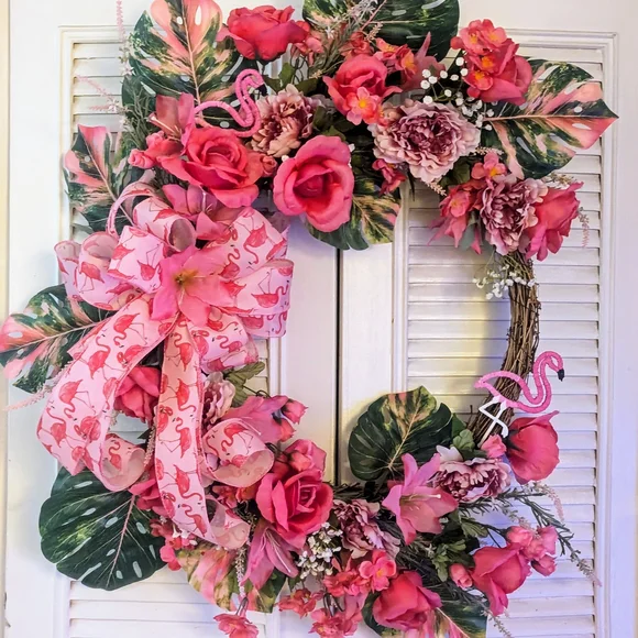 Hand Crafted Pink and Green Flamingo Wreath