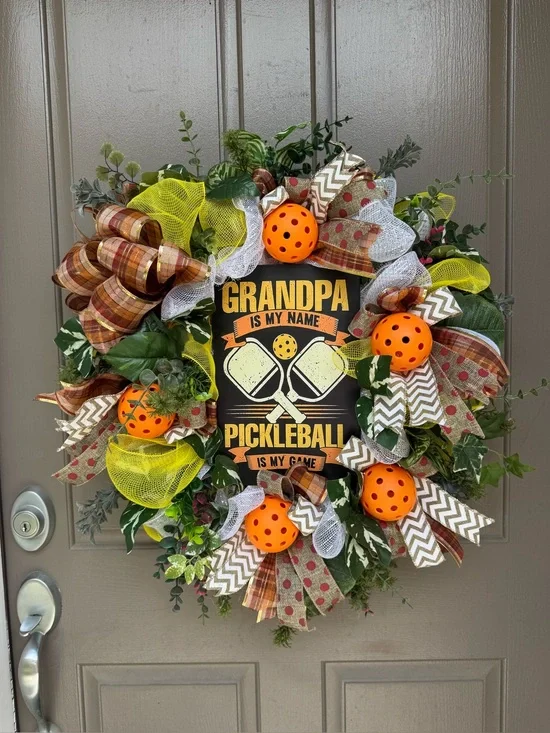 Grandpa Pickleball Door Wreath – Orange, Yellow & Green