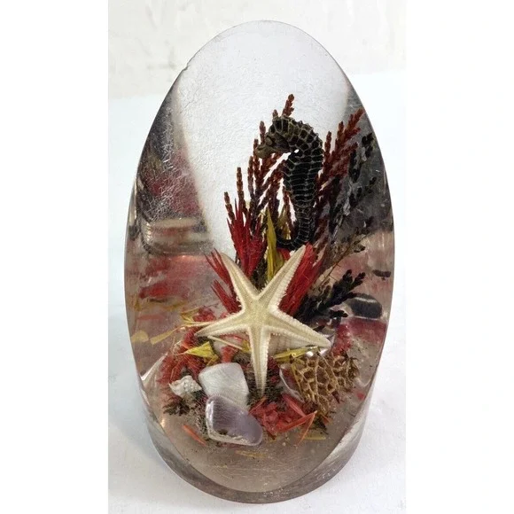 Vtg Lucite Paperweight Diorama Seashells Starfish Seashorse 3.75