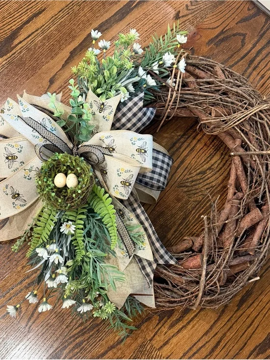 Bee & Blossom Spring Wreath with Greenery Bow