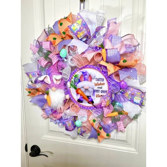 Handmade Easter Bunny Gnome Kisses Prelit Ribbon Wreath 22 in LED W13