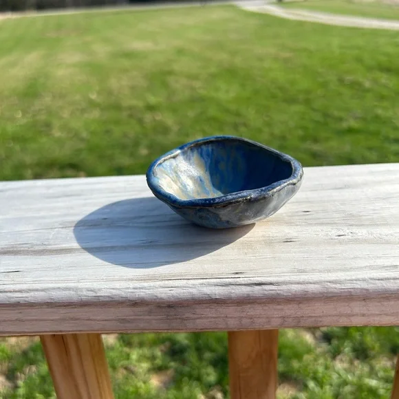 Pottery Bowl Signed Blue Brown‎ Earthy Small Trinket Dish Handmade Stoneware