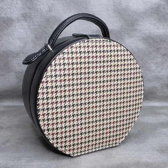 Vanity Jewelry Case Houndstooth Inset & Black Leather Inside Mirror w/Pocket