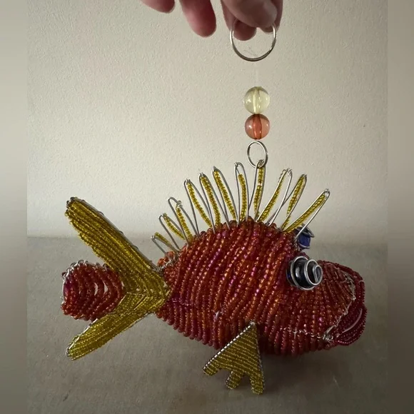 Handcrafted Beaded Fish Ornament - Red and Gold
