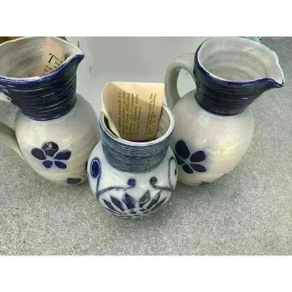 Williamsburg Pottery Pitcher Set Vintage Colonial Stoneware Blue Salt Glaze  USA