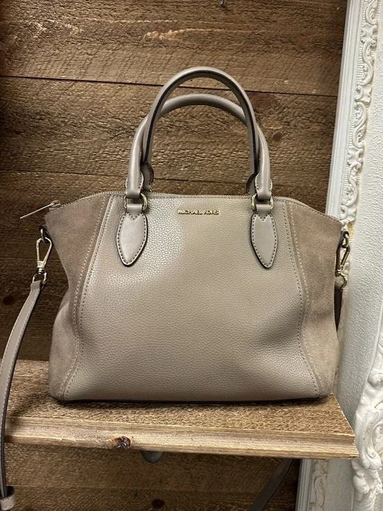 Michael Kors Taupe Pebbled Leather & Suede Satchel Crossbody Bag