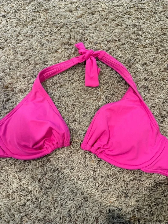 Michael Kors Bright Pink Halter Bikini Top with Gold MK Accent