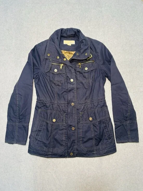 Michael Kors Women Long Sleeve Full Zip Windbreaker Jacket Navy Gold Size XS