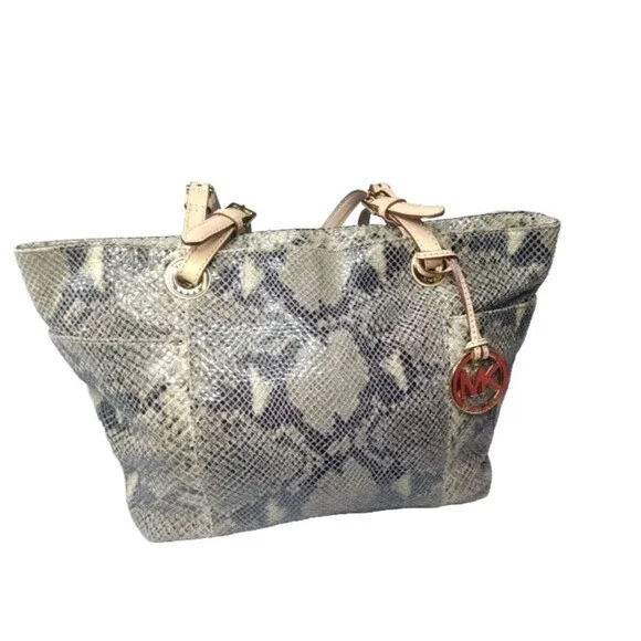 Michael Kors North South Tote Python Embossed Beige~Black Leather Handbag