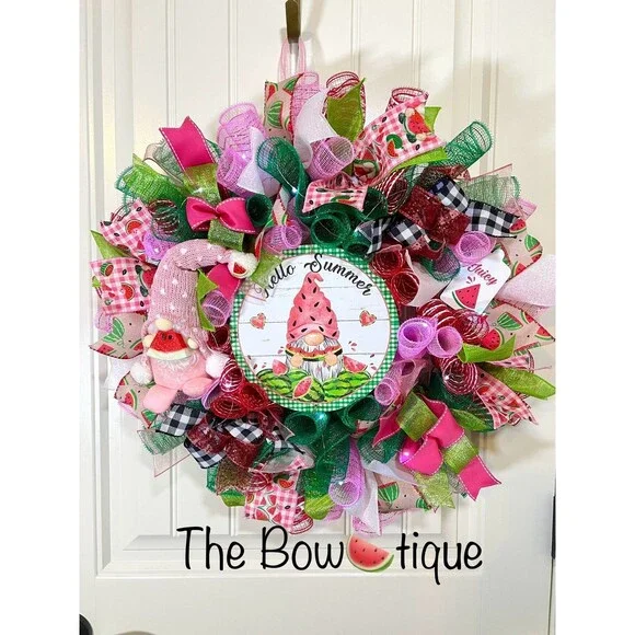 Handmade Summer Watermelon Gnome Prelit Ribbon Wreath 22 in LED W12