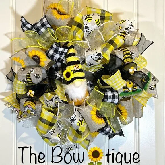 Handmade Sunflower Bee Ribbon Wreath 13 inches Honey Bee Gnome MW11