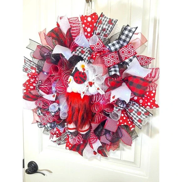 Summer Ladybug Ribbon Wreath Gnome Handmade 22 in Diam. #W6