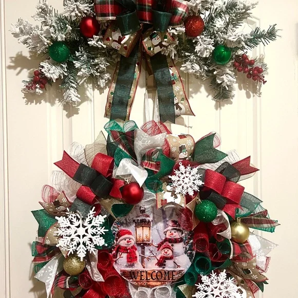 Handmade Christmas Snowman Wreath & Swag Bundle 22” W88