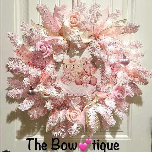 Handmade 22” Valentine’s Day Pink Flocked Garland Gnome LED Wreath W30