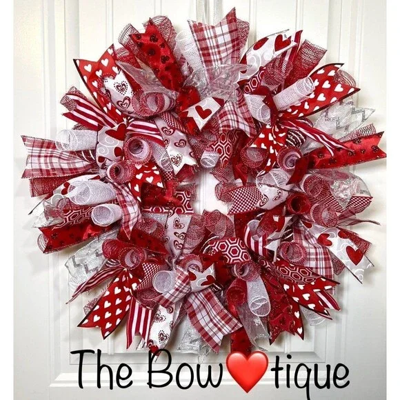 Handmade 22” Valentine’s Day Ribbon Mesh Wreath Hearts in Red & Pink w24