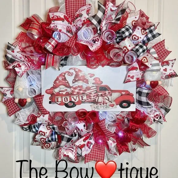 Handmade Valentine’s Gnome LOVE Truck Ribbon Prelit Wreath 22 ins LED W15
