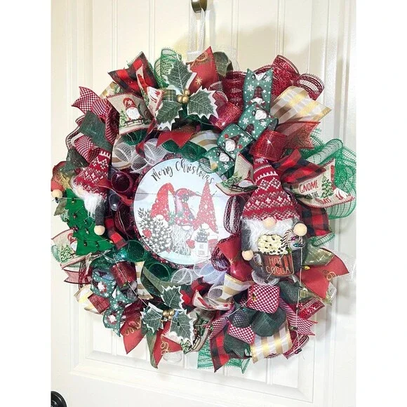 Handmade Christmas Tree Gnome Holiday Ribbon Door Wreath 22 ins W71