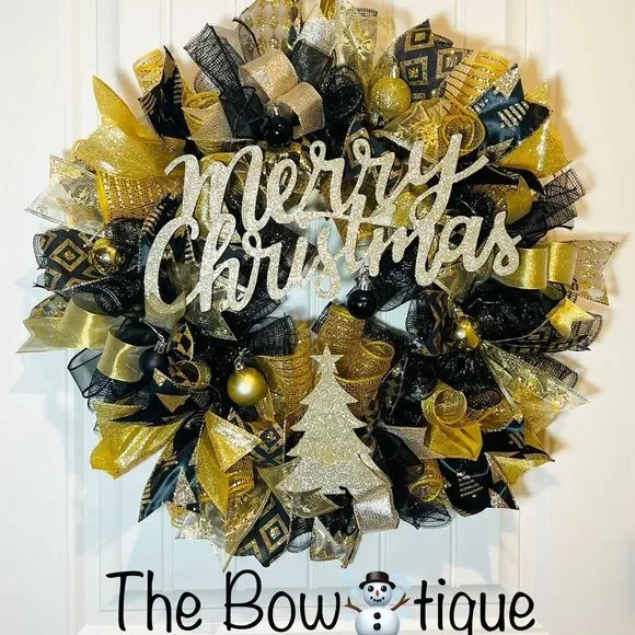 Black & Gold Merry Christmas Tree Ribbon Door Wreath Handmade 22 ins LED W24