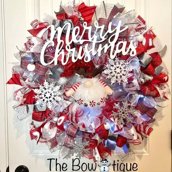Handmade Christmas Reindeer Gnome Holiday Ribbon Door Wreath 26 ins LED XLW4