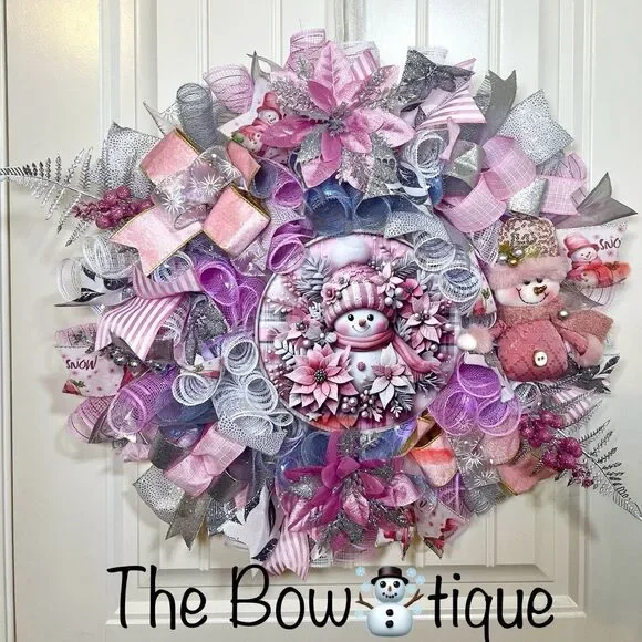 Handmade Pink Winter Snowman Holiday Ribbon Door Wreath 22 ins W80
