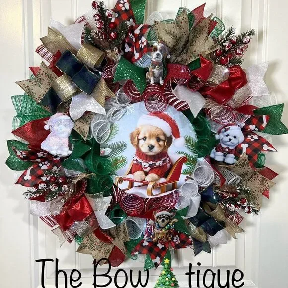 Handmade Christmas Sweater Puppy Holiday Ribbon Door Wreath 22 ins W77