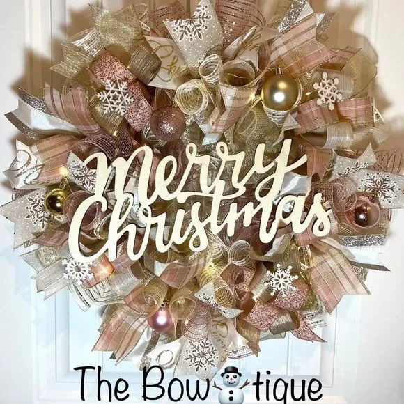 Christmas Snowflake Holiday Ribbon Door Wreath Handmade 22 ins LED W43 Gold
