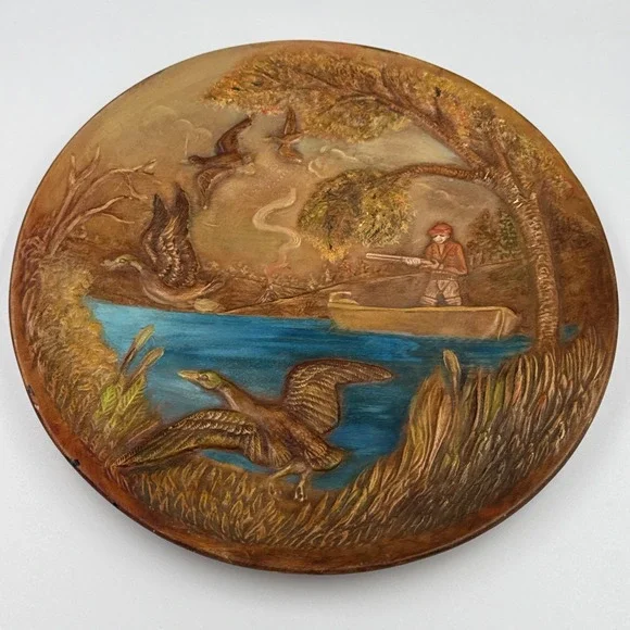 Vintage 1970 Duck Hunter in Boat Painted Plate