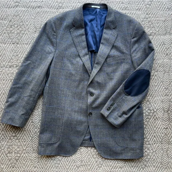 Peter Millar Wool‎ Silk Windowpane Blazer Brown Blue Elbow Patch Mens Sport Coat
