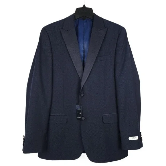 Alfani Mens Slim Fit Tuxedo Jacket Blazer 46L Navy Stretch Diamond Grid NWT