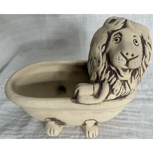 Vintage MCM Lion in a Bathtub Art Pottery Planter Vase 5.5”T 7.5”W Soap Holder