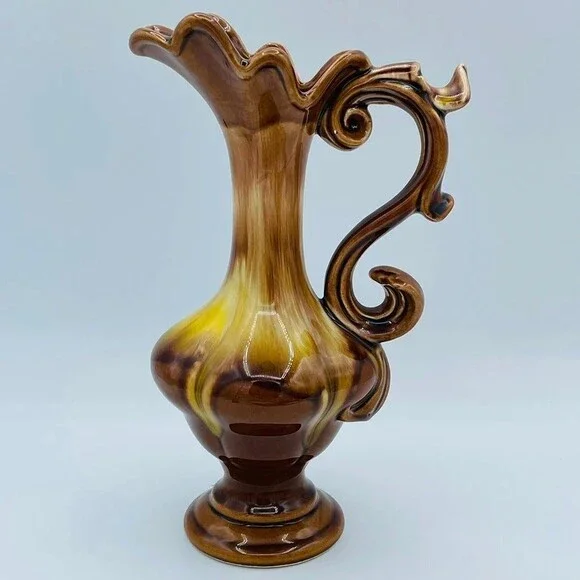 Vintage decorative drip glaze vase small pitcher w/ ruffled rim ornate handle
