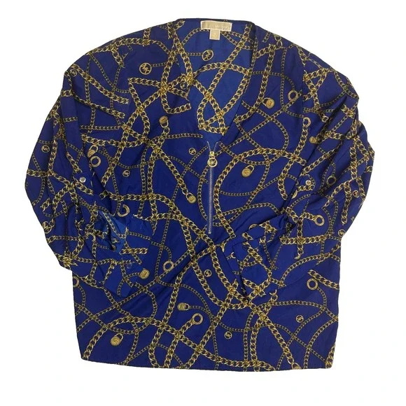 Michael Kors Chain Print Blue Long Sleeve Quarter Zip V-neck Womens Size 12‎