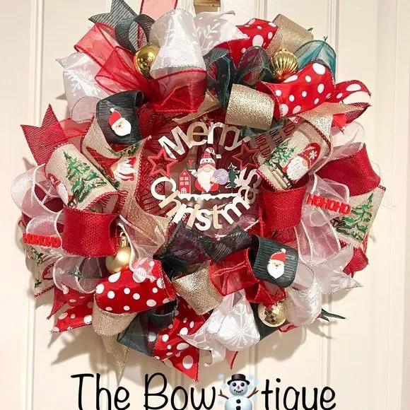 Handmade 13 inch Merry Christmas Gnome Ribbon Wreath MW4