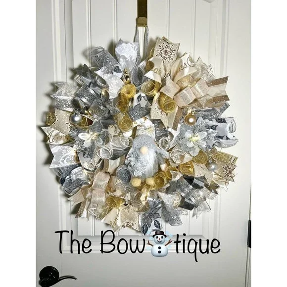 Handmade Christmas Gnome Holiday Ribbon Door Wreath 22 ins W60