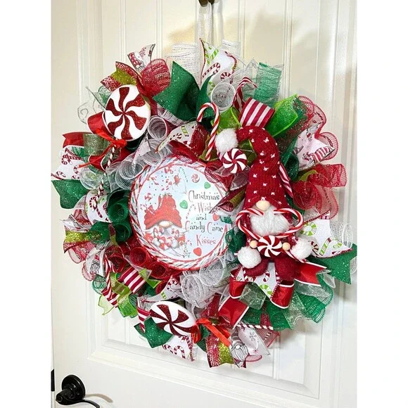 Handmade Christmas Candy Cane Gnome Holiday Ribbon Door Wreath 22 ins W70