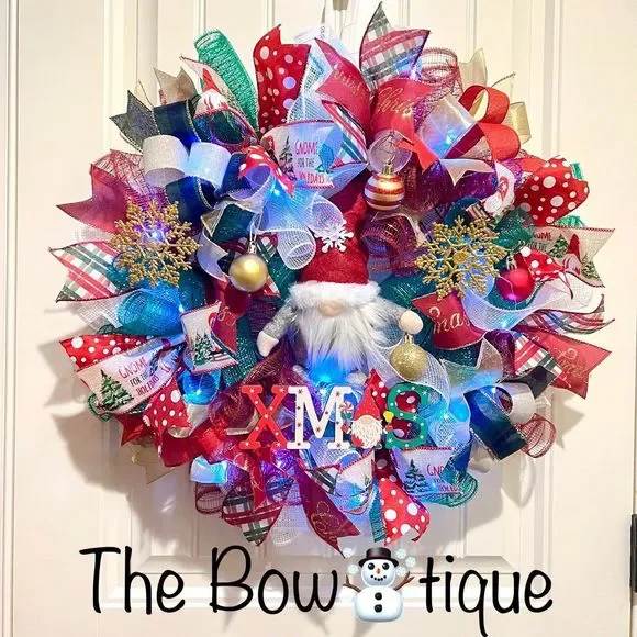 Christmas XMAS Gnome Holiday Ribbon Door Wreath Handmade 22 ins LED W20