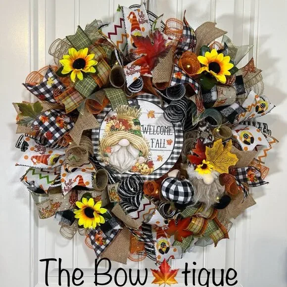 Handmade Autumn Fall Ribbon Wreath Welcome Gnome 22 in’s. Thanksgiving w11
