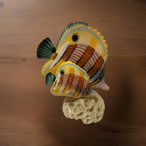 Hand Carved Wood Hand Painted Tropical Fish on Real Coral Base 5