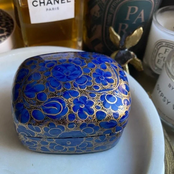 Vintage blue and gold handpainted lacquered trinket box