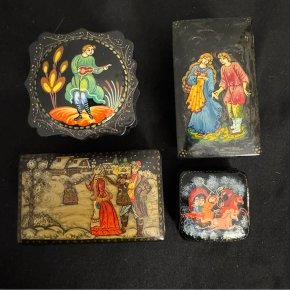 Set of 4 Russian Lacquer Trinket Boxes - Folklore Inagery