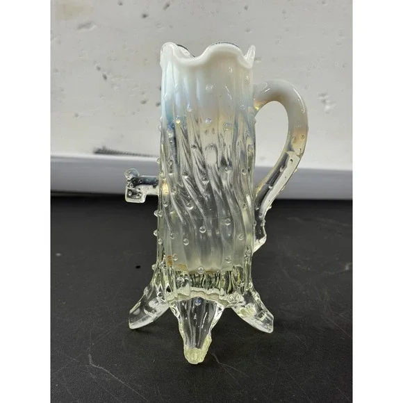 Northwood White Opalescent Tree Trunk Glass Vase with Handle Antique EAPG 6.5