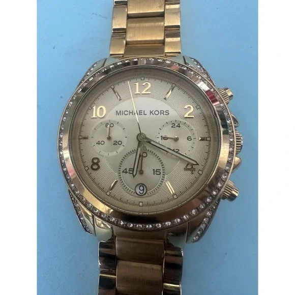 Michael Kors Watch Womens Gold Tone Chronograph Crystal Bezel MK-5166 10ATM‎