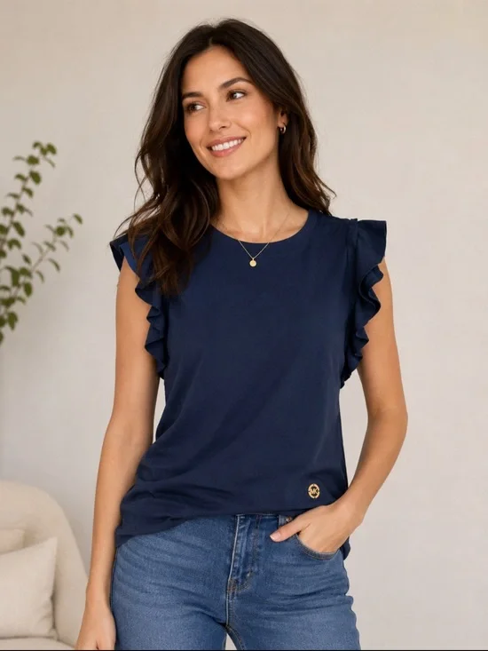Michael Michael Kors Navy Flutter Sleeve Top Gold Logo Tee Size Medium