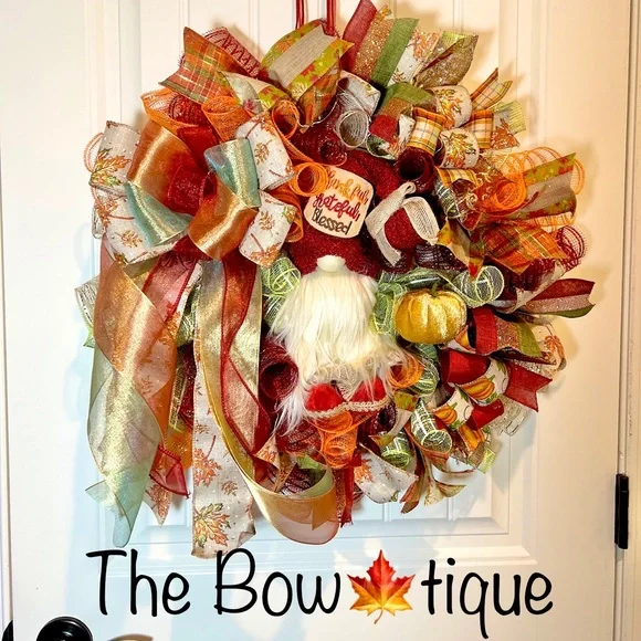 Autum Fall Ribbon Wreath Thankful Gnome Handmade 22 in’s. #W3