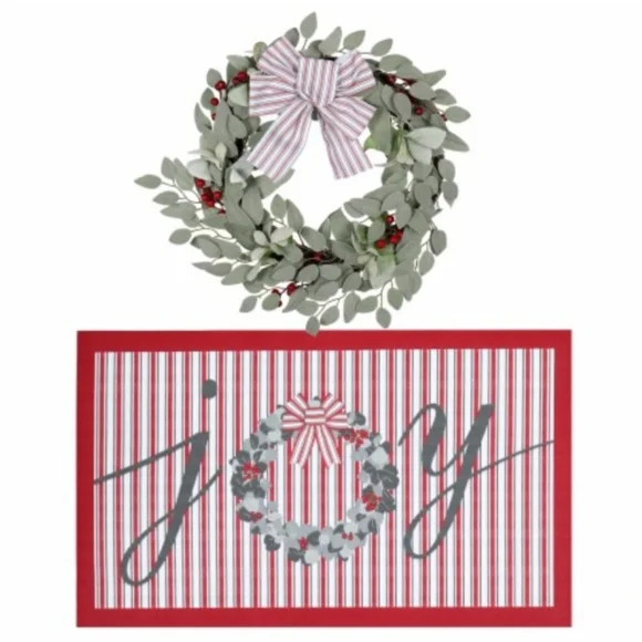NIB Holiday Home 20in Wreath w Matching 18in x 30in Doormat- Joy Design, 2Pc Set