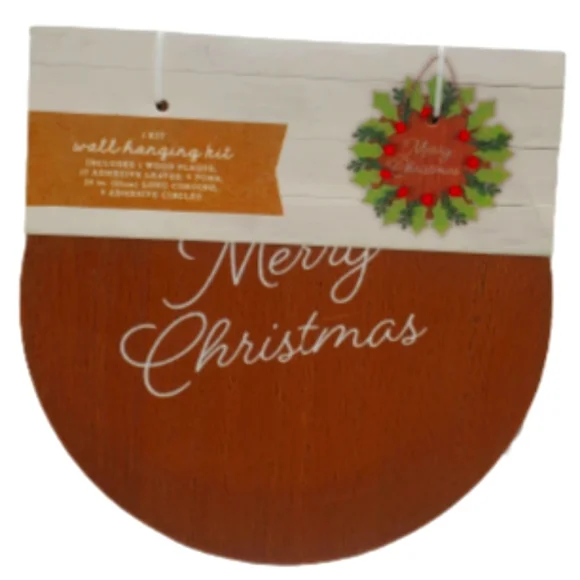 Merry Christmas Wood Plaque Wreath/Wall Hanging Kit DIY/leaves/poms/cord/circles