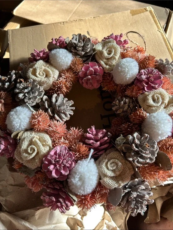 Handcrafted Burlap and Pinecone Holiday Wreath - Pink, Orange & White