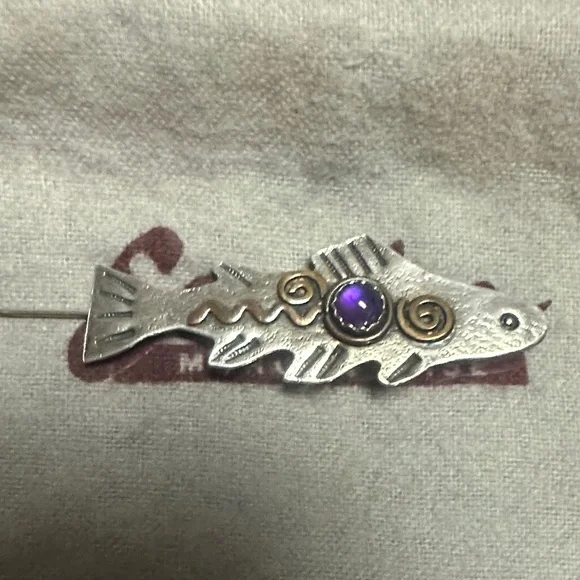 Vintage Sterling Silver Fish Pin with Purple Accent