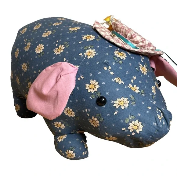 Large Home Made Floral Pig In Hat