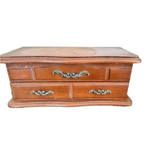 Vintage Wooden Velvet Lined Jewelry Box Drawers Mirror Inside Lid 4 x 5 x 10